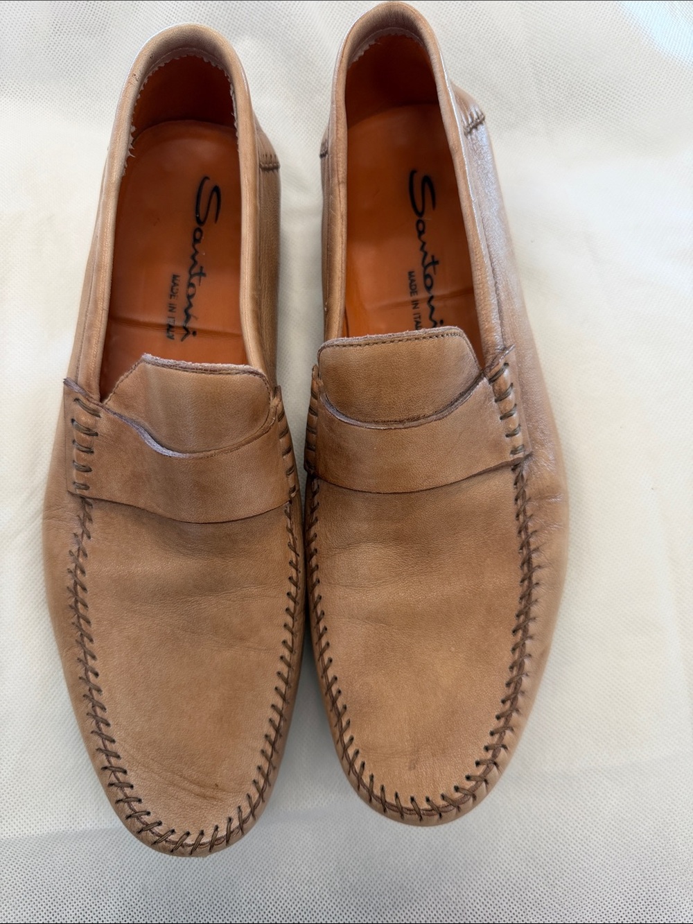 Santoni Men's Light Brown Leather Penny Loafers